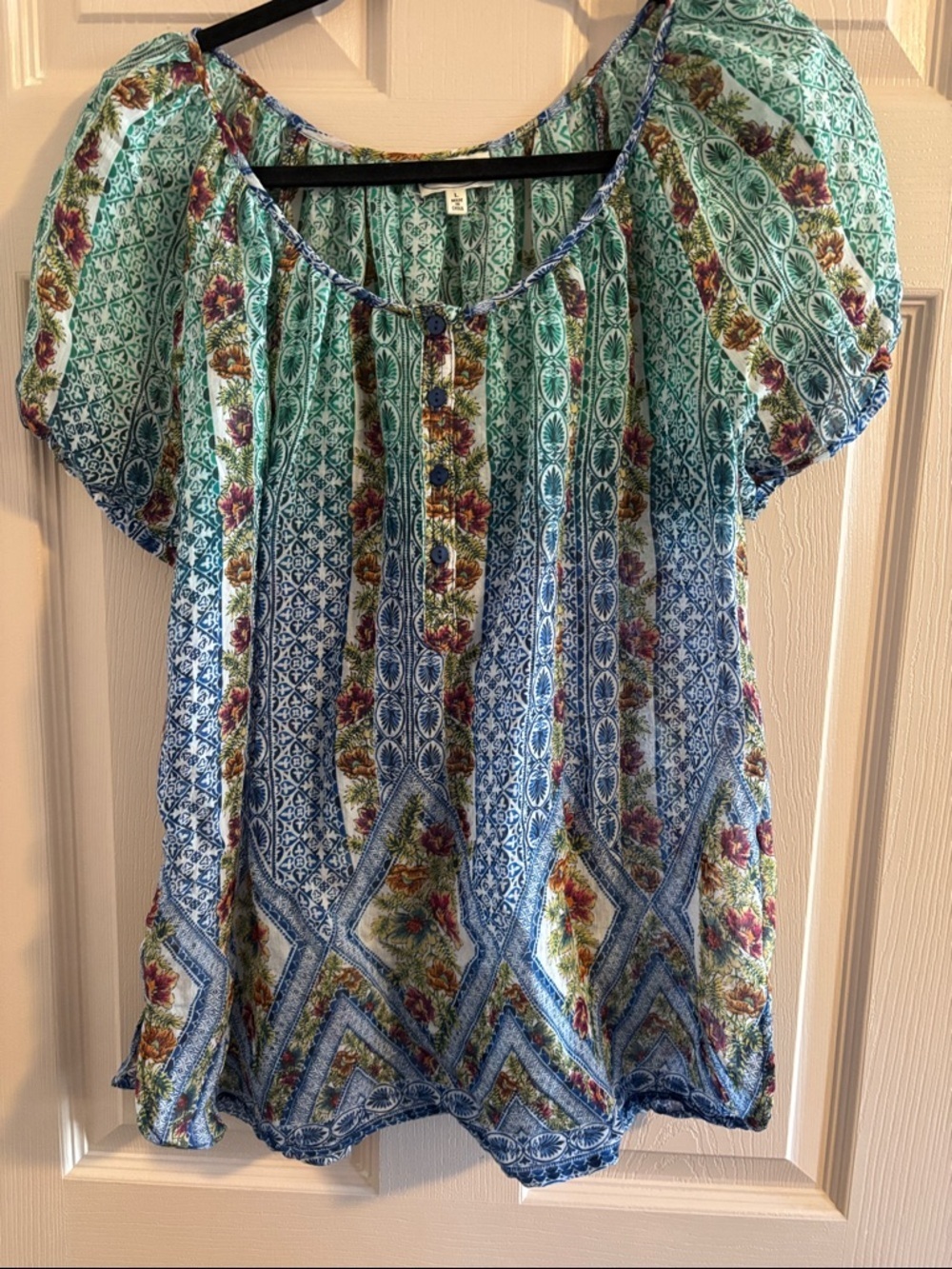 Boho Floral Scoop-Neck Blouse in Aqua & Blue